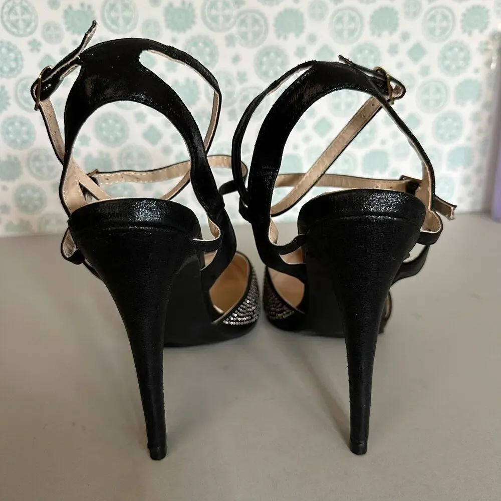 Liliana Womens Size‎ 10 Heels Pumps Stiletto Black Rhinestones Ankle Strap - Picture 8 of 13